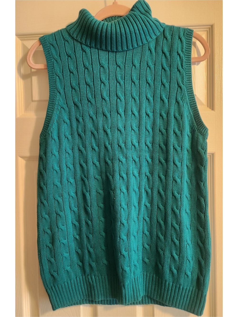 JEANNE PIERRE Teal Cable Knit Sleeveless Turtleneck Sweater Vest